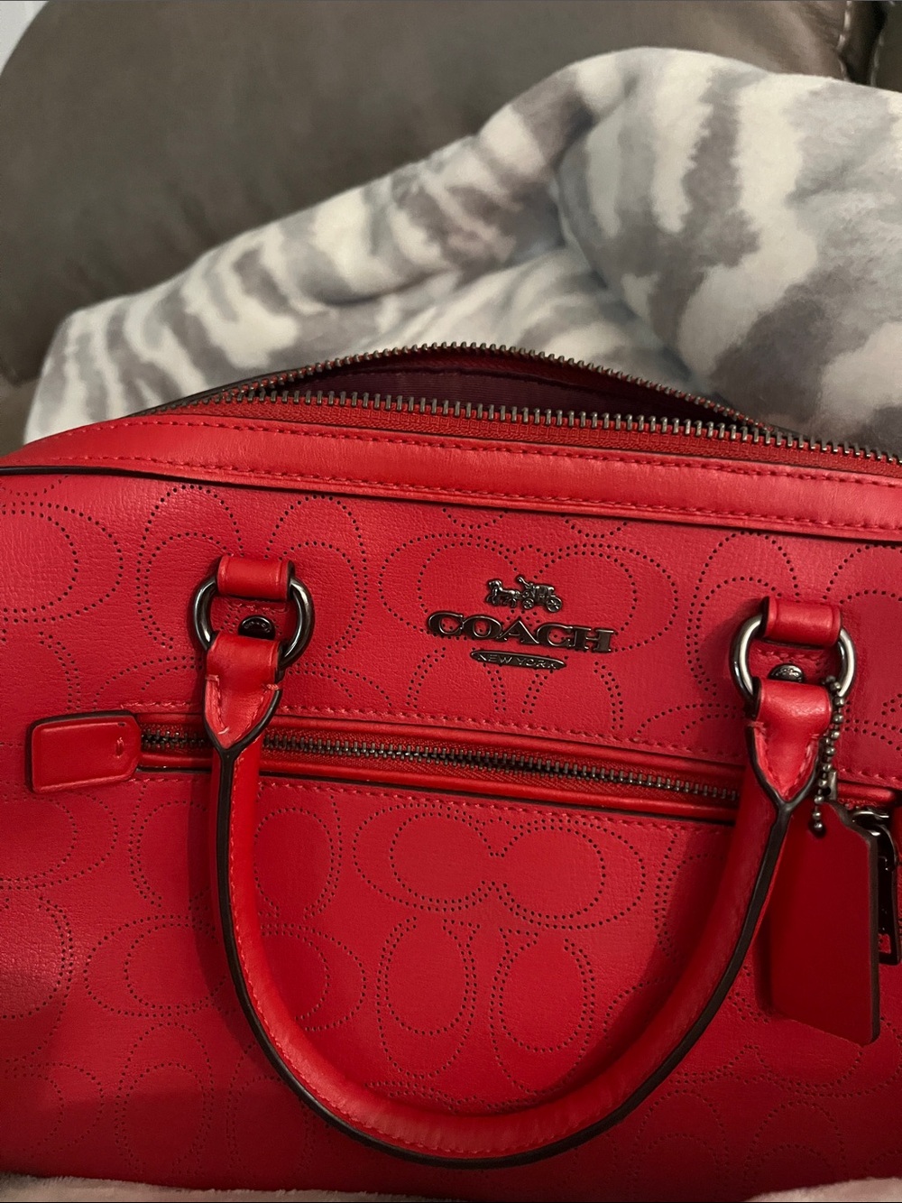 Coach Red Perforated Signature Leather Satchel